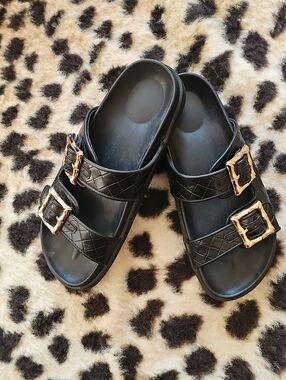 Women's Black Double-Buckle Slide Sandals with Gold Buckles